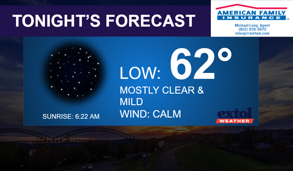 Weather forecast banner: low 62°, mostly clear and mild, wind calm, sunrise 6:22 AM, with Extol Weather logo and Tonight's Forecast title and insurance ad on top-right.