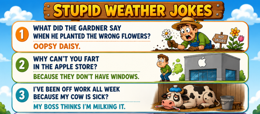 Cartoon banner titled 'Stupid Weather Jokes' showing three joke panels: gardener with flowers (punchline 'Oopsy Daisy'), boy by an Apple Store, and a sick cow in a barn.