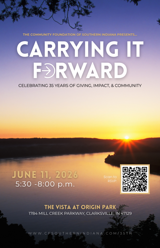 Event poster for 'Carrying It Forward' with a sunset over water; includes date June 11, 2026 and 5:30–8:00 p.m.; venue The Vista at Origin Park, Clarksville, IN; QR code bottom-right for RSVP