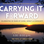 Event poster for The Community Foundation of Southern Indiana: 'Carrying It Forward' fundraiser, June 11, 2026, 5:30–8:00 p.m., The Vista at Origin Park, 1784 Mill Creek Parkway, Clarksville, IN 47129 (sunrise over a river).