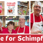 Collage of Schimpff's Candy Store storefront, staff in red uniforms, awards, and a 'Vote for Schimpff's!' banner. But keep concise for screen readers: 'Schimpff's Candy Store storefront with staff and a voting banner'