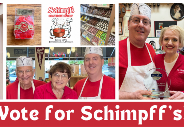 Collage of Schimpff's Candy Store storefront, staff in red uniforms, awards, and a 'Vote for Schimpff's!' banner. But keep concise for screen readers: 'Schimpff's Candy Store storefront with staff and a voting banner'