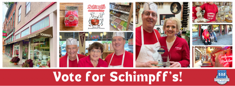Collage of Schimpff's Candy Store storefront, staff in red uniforms, awards, and a 'Vote for Schimpff's!' banner. But keep concise for screen readers: 'Schimpff's Candy Store storefront with staff and a voting banner'