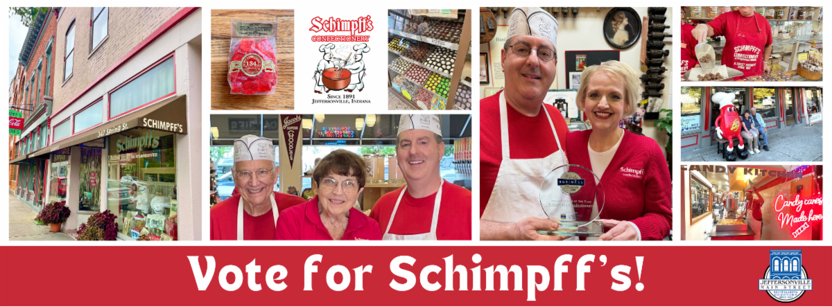 Collage of Schimpff's Candy Store storefront, staff in red uniforms, awards, and a 'Vote for Schimpff's!' banner. But keep concise for screen readers: 'Schimpff's Candy Store storefront with staff and a voting banner'