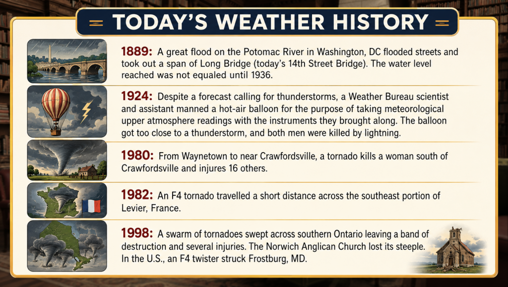 Informational timeline titled Today's Weather History showing five historical weather events (1889–1998) with left-side illustrative icons.
