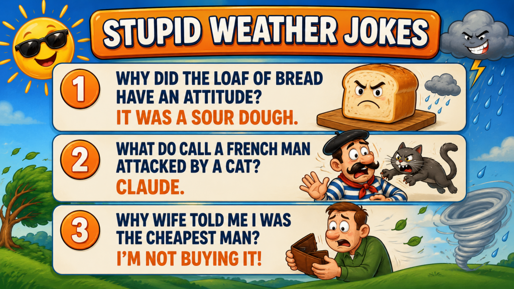 Bright cartoon poster titled 'Stupid Weather Jokes' with a smiling sun wearing sunglasses and three joke panels about bread, a Frenchman and a cat, and a man with a wallet amid weather icons.