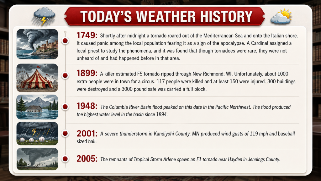 Infographic timeline titled Today's Weather History, listing major weather events by year with left image thumbnails.
