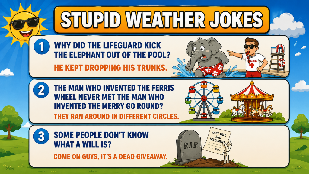 Colorful cartoon banner titled'Stupid Weather Jokes' with three joke panels: lifeguard and elephant, Ferris wheel and carousel, and a grave with a will.