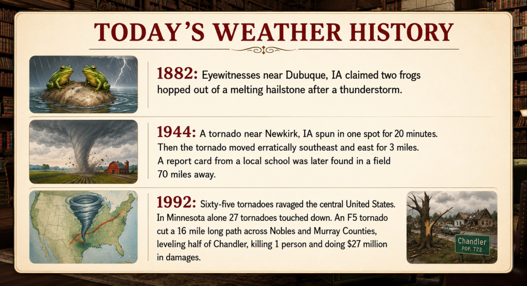 Today's Weather History board shows three events: 1882 frogs on a rock in a storm; 1944 tornado near Newkirk, IA; 1992 tornadoes with a map and damaged town.