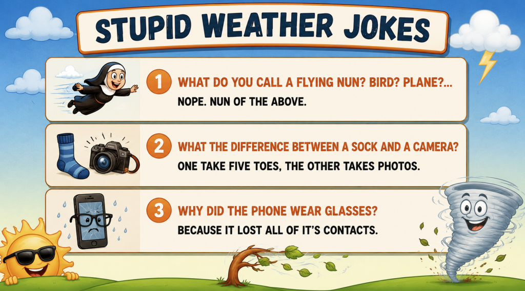 Colorful infographic titled 'Stupid Weather Jokes' with three joke panels: a flying nun, a sock and a camera, and a phone with glasses, plus playful weather characters.