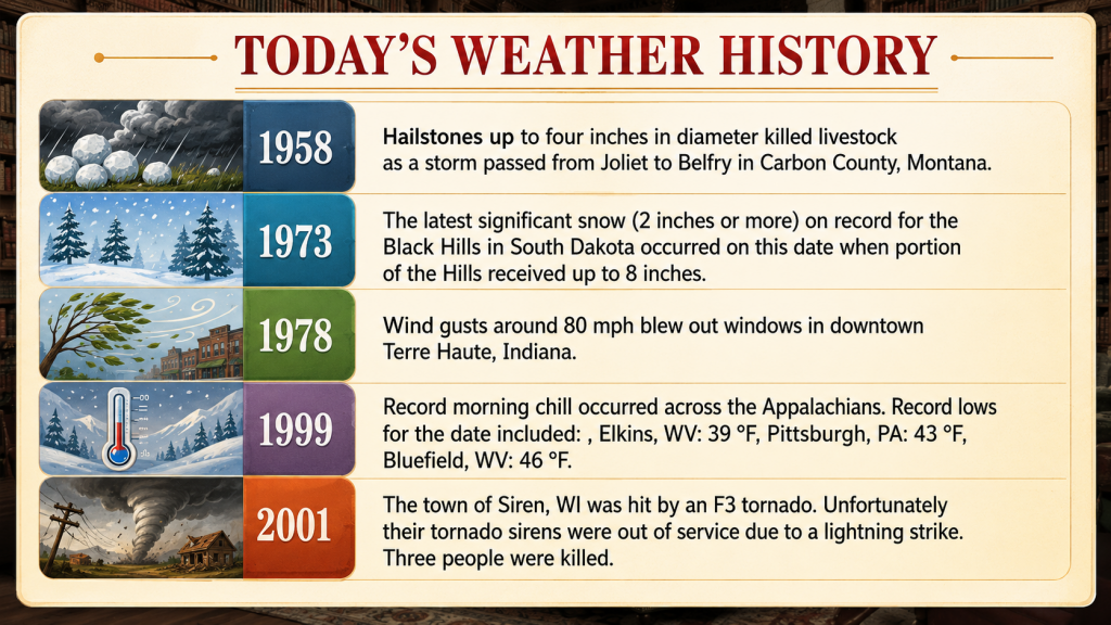 Decorative weather timeline titled Today's Weather History showing yearly events from 1958 to 2001, with year badges, left illustrations, and descriptive text for each year.