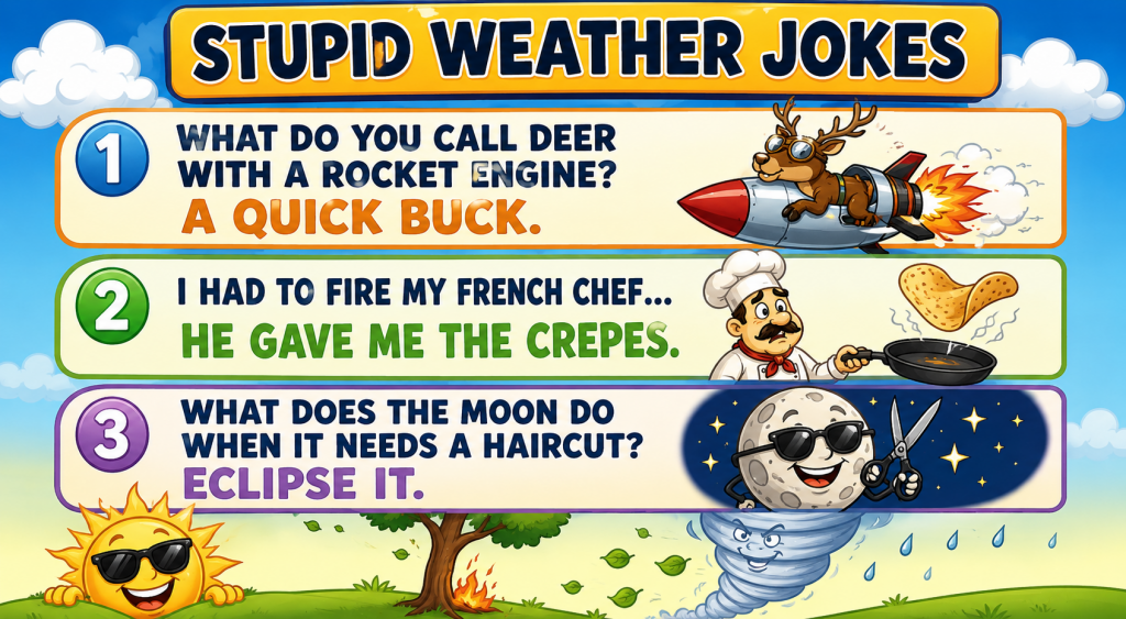 Banner titled STUPID WEATHER JOKES with three joke panels showing a rocket deer, a chef with a pan, and a moon with sunglasses on a bright background.