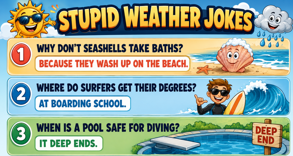 ChatGPT Image Jun 18 2026 01_26_26 PM - Extol Media Bright, cartoon-style banner titled 'Stupid Weather Jokes' with three joke panels (beach, surfing, pool) and cheerful sun and clouds in the background.