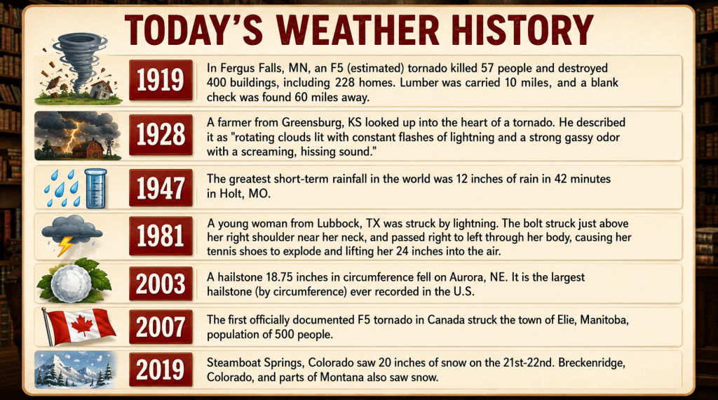 ChatGPT Image Jun 21 2026 10_54_28 AM - Extol Media Infographic timeline titled Today's Weather History showing notable weather events by year with icons and descriptions (1919–2019).