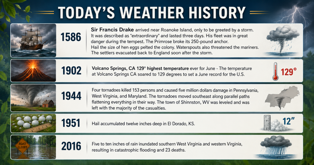 Timeline titled Today's Weather History showing five key weather events from 1586 to 2016 with icons on the right.