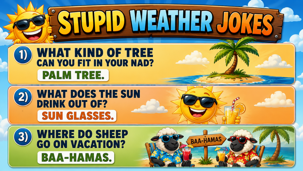 Banner title: 'Stupid Weather Jokes' with a sun wearing sunglasses next to a wooden sign. Overall infographic of three weather-themed jokes.