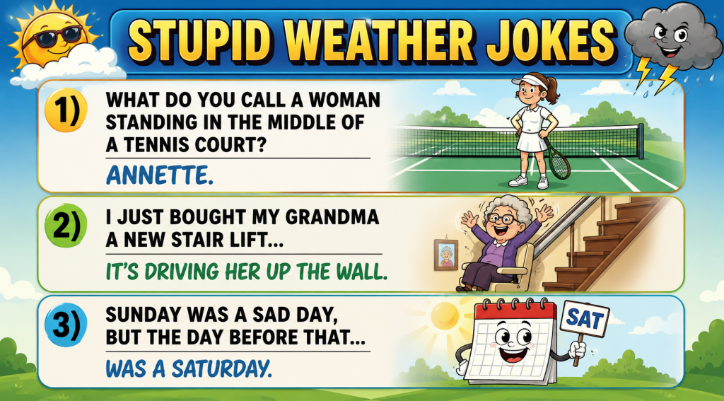 ChatGPT Image Jun 22 2026 08_18_35 AM - Extol Media Banner titled 'Stupid Weather Jokes' with three joke panels and playful weather imagery; jokes about Annette, a stair-lift grandma, and a calendar Saturday note.