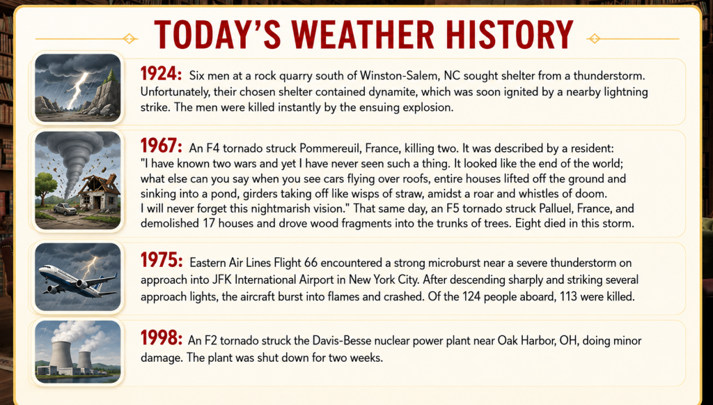Timeline panel titled Today's Weather History with four events: 1924 rock quarry storm in North Carolina; 1967 deadly F4 tornado in Pommereuil, France; 1975 Eastern Air Lines Flight 66 crash near JFK; 1998 F2 tornado at the Davis-Besse nuclear plant, Oak Harbor, Ohio.