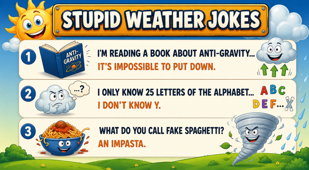 Banner reads 'Stupid Weather Jokes' with a smiling sun and blue sky, three joke panels below about anti-gravity book, alphabet joke, and tornado spaghetti.