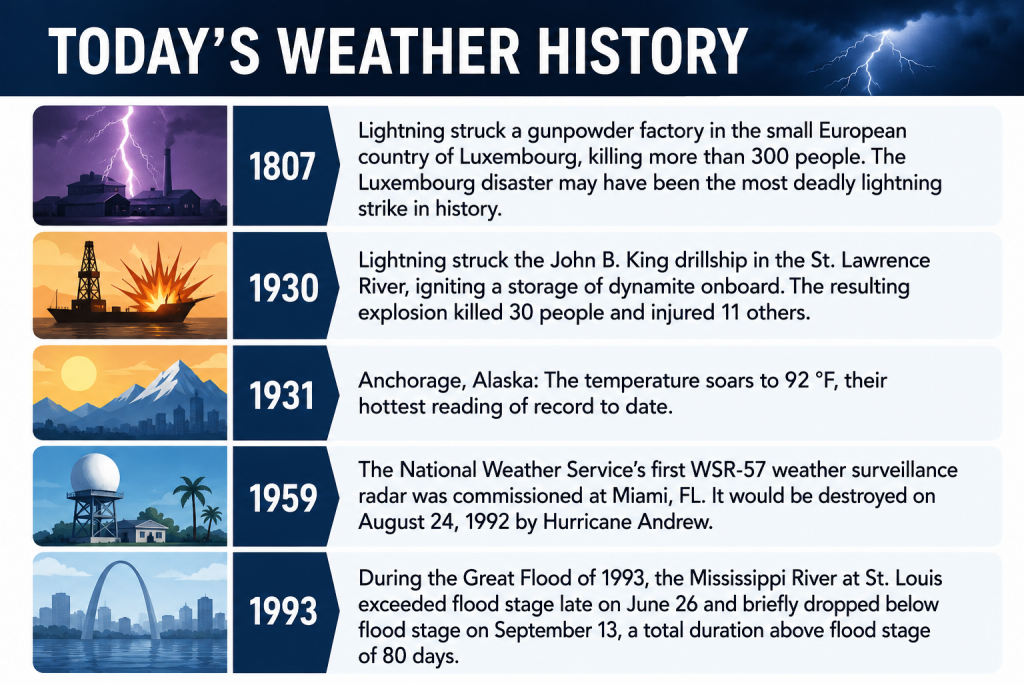 ChatGPT Image Jun 25 2026 05_22_26 PM - Extol Media Timeline titled Today's Weather History with key events: 1807 Luxembourg lightning; 1930 oil rig explosion; 1931 Alaska heat; 1959 radar; 1993 Mississippi flood.