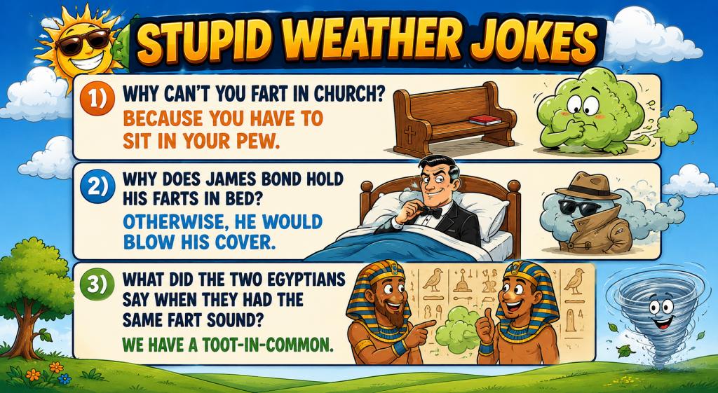 ChatGPT Image Jun 25 2026 05_28_49 PM - Extol Media Colorful cartoon poster titled 'Stupid Weather Jokes' with three panels of weather-themed jokes and playful characters, including a sun wearing sunglasses, a green cloud, a tuxedo man in bed, a tornado, and Egyptian figures on the bottom panel.