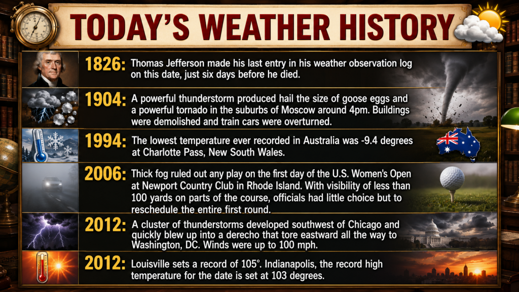 Infographic timeline titled Today's Weather History showing notable weather events by year with photos and icons (1826–2012) arranged in a vertical list on a dark, decorative board.