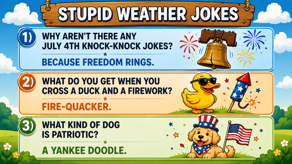 Poster titled Stupid Weather Jokes; blue panel shows the joke: "Why aren’t there any July 4th knock-knock jokes? Because freedom rings" with a bell and fireworks in the corner.
