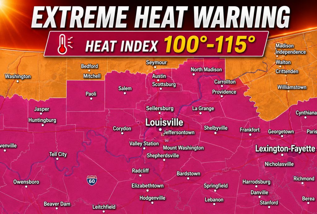 Map showing an Extreme Heat Warning with a heat index of 100–115°F across central Kentucky, centered on Louisville and surrounding towns such as Lexington-Fayette, Shepherdsville, and Jefferson Town.