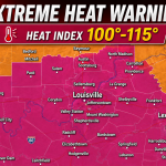 Map showing an Extreme Heat Warning with a heat index of 100–115°F across central Kentucky, centered on Louisville and surrounding towns such as Lexington-Fayette, Shepherdsville, and Jefferson Town.