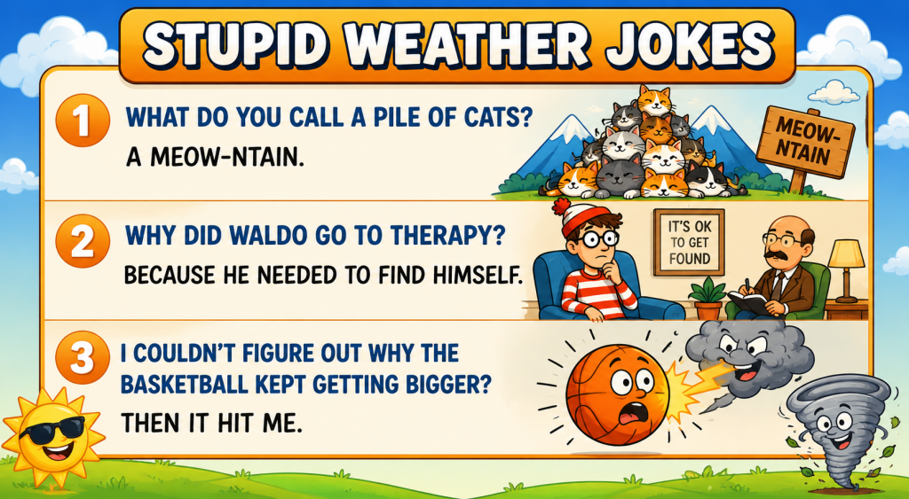 Bright cartoon infographic titled Stupid Weather Jokes with three joke panels and playful weather-themed illustrations for kids.