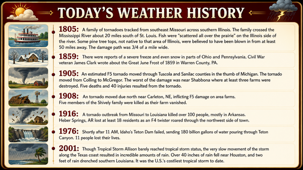 Informational weather history timeline with seven yearly events and small left thumbnails (boat, snowy house, tornado, barn, tornado, dam, rainstorm).
