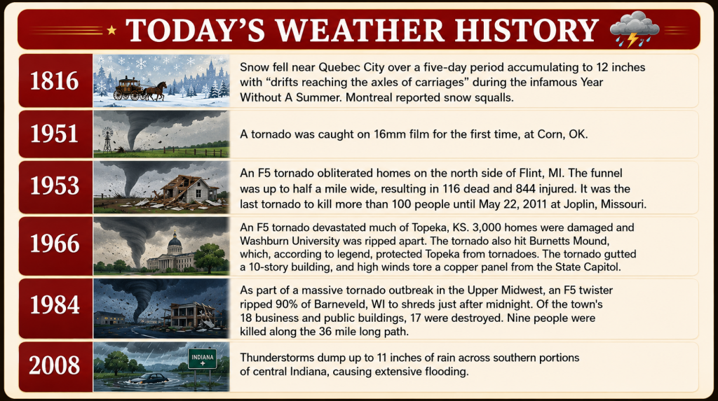 Infographic timeline titled "Today’s Weather History" showing year blocks (1816, 1951, 1953, 1966, 1984, 2008) with small illustrations and text summaries of major storms and floods from those years (e.g., 1816 Quebec snow, 1951 tornado in OK, 1953 Missouri/ Michigan tornadoes, 1966 Topeka Capitol damage, 1984 Barneveld outbreak, 2008 Indiana flooding).
