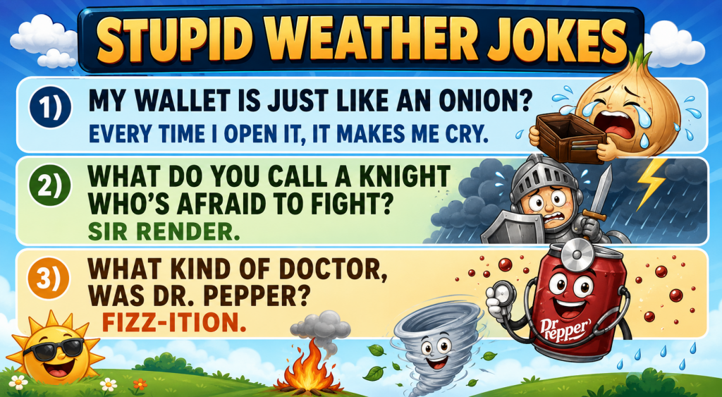 Stupid Weather Jokes banner; Joke 1 reads, “My wallet is just like an onion? Every time I open it, it makes me cry.” with a crying onion holding a wallet on the right.