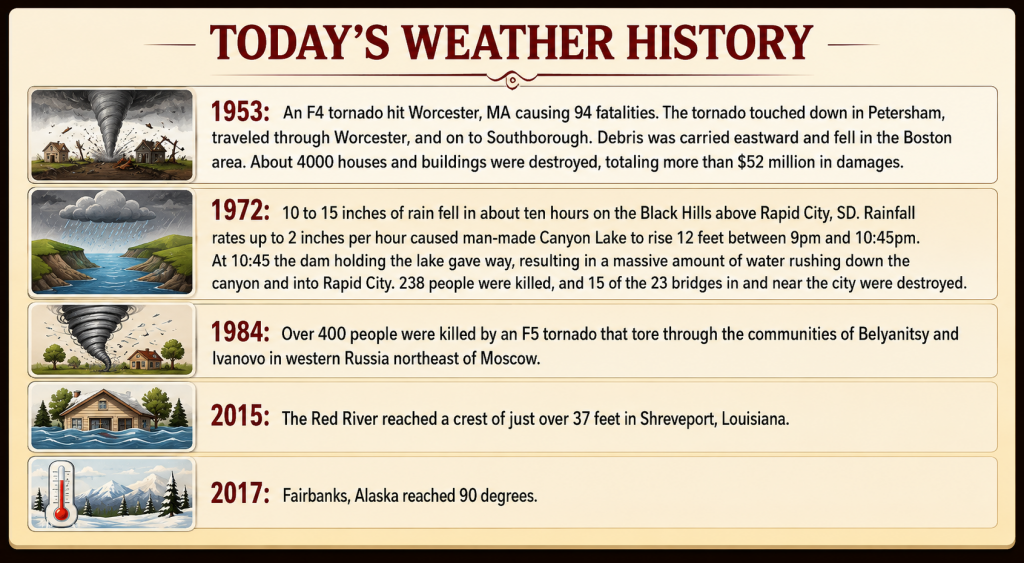 Infographic titled Today's Weather History showing a timeline of notable weather events with small icons beside each event panel.