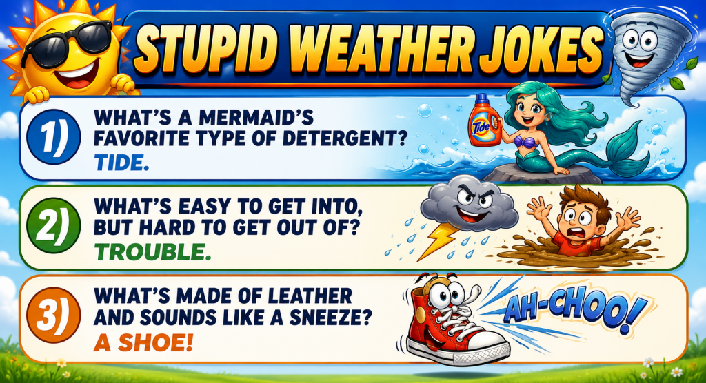 Banner for 'Stupid Weather Jokes' with a sun wearing sunglasses, a mermaid on a rock, a tornado, and a red sneaker, announcing three jokes.