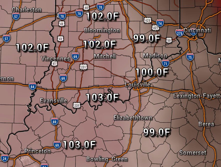 HEAT - Extol Media Weather map showing current Fahrenheit temperatures across Indiana/Kentucky region, with cities like Evansville, Louisville, Bloomington; temperatures mostly in the 99–103°F range.
