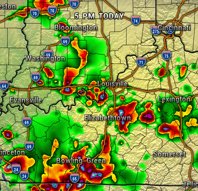 Radar weather map at 5 PM today showing scattered thunderstorms across Kentucky and southern Indiana, with heavy rainfall (red) near Louisville, Elizabeth Town, and Lexington.