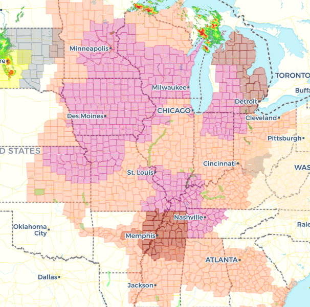 Color-coded regional map of central United States with city labels (Minneapolis, Milwaukee, Chicago, Nashville, Memphis) and overlapping pink, purple, and brown overlays.