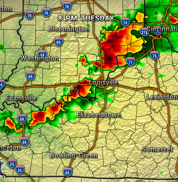 Radar image at 8 PM Tuesday showing a line of strong thunderstorms from Evansville through Louisville toward Cincinnati, with red/orange areas indicating heavy rainfall.