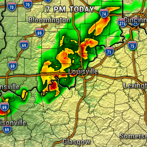 Weather radar showing a line of storms near Louisville, with green, yellow, and red indicating increasing rainfall and thunderstorm intensity, at 7 PM today.