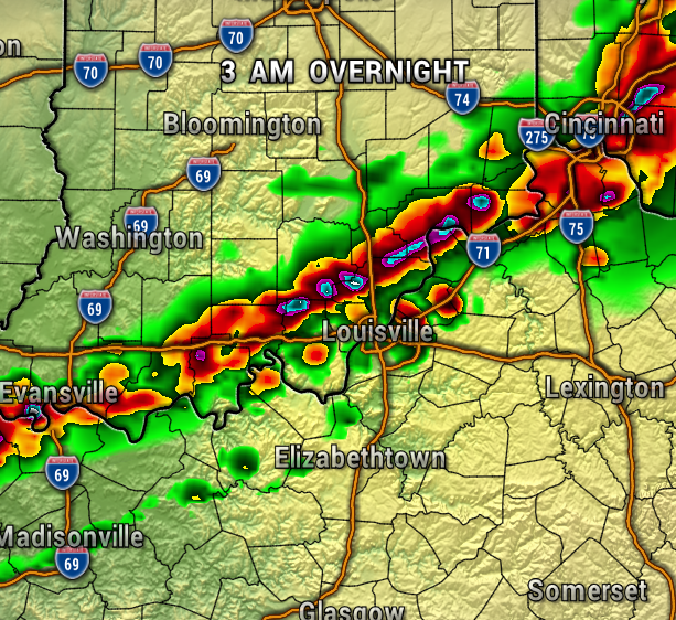 Radar map at 3 AM showing a line of strong thunderstorms stretching from Evansville through Louisville toward Cincinnati, with red and purple areas indicating heavy rainfall/possible hail and green-yellow areas lighter rain across Kentucky, Indiana, and Ohio.