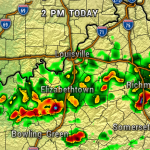 Weather radar showing bands of heavy rain and thunderstorms across central Kentucky, including Louisville, Elizabethtown, and Bowling Green.