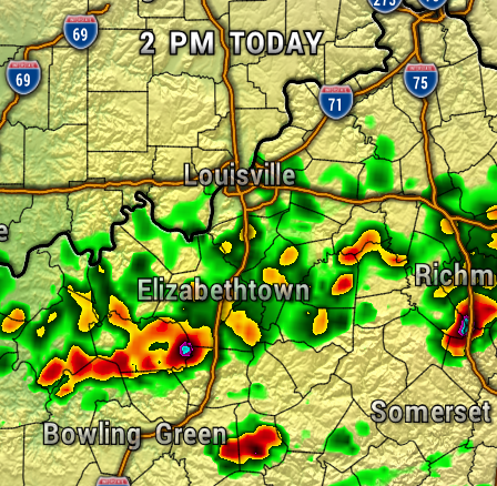 Weather radar showing bands of heavy rain and thunderstorms across central Kentucky, including Louisville, Elizabethtown, and Bowling Green.