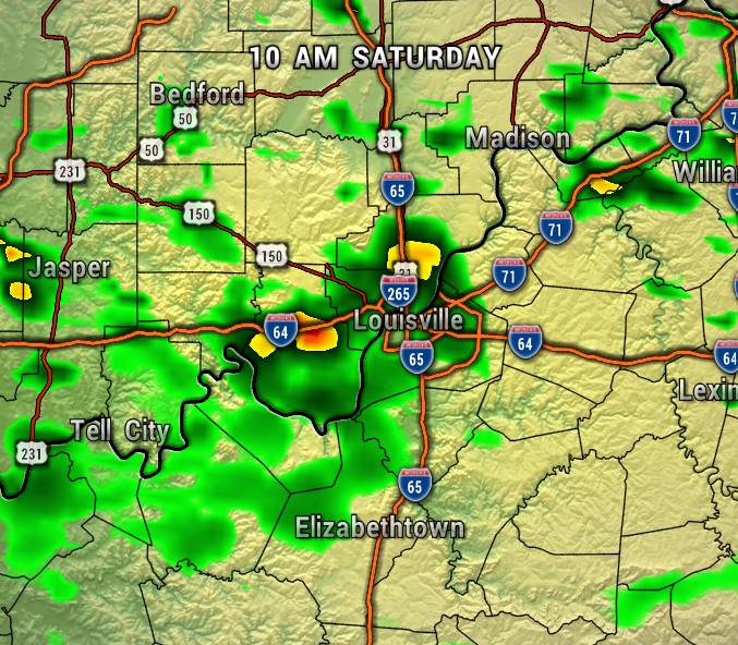 MAP - Extol Media Weather radar centered on Louisville, Kentucky at 10 AM Saturday showing scattered green rain showers with some yellow areas indicating heavier rain near Louisville and along I-65 toward Elizabethtown; surrounding towns include Bedford, Madison, Jasper, Tel City, and Lexington to the east.