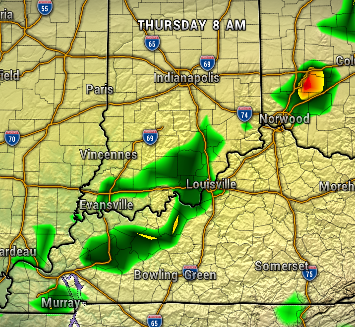 Thursday 8 AM radar showing bands of rain and thunderstorms from Murray to Louisville, with heavier cells near Norwood and Evansville area.
