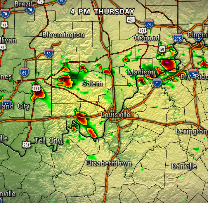 Radar map showing thunderstorms around Louisville, Salem, and Madison with red/yellow indicating heavy rainfall and likely severe storms.