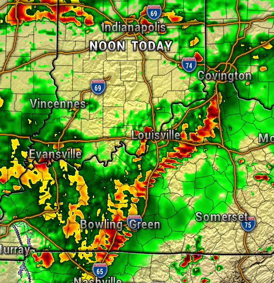 Doppler radar map showing widespread rain and thunderstorms across Kentucky and southern Indiana, with a strong line of storms near Louisville.