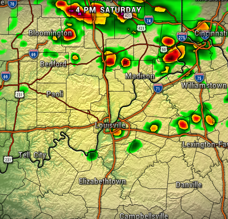 Weather radar map centered on Louisville showing scattered thunderstorms north and northeast, with red/yellow storm cells near Madison and near the Cincinnati area.