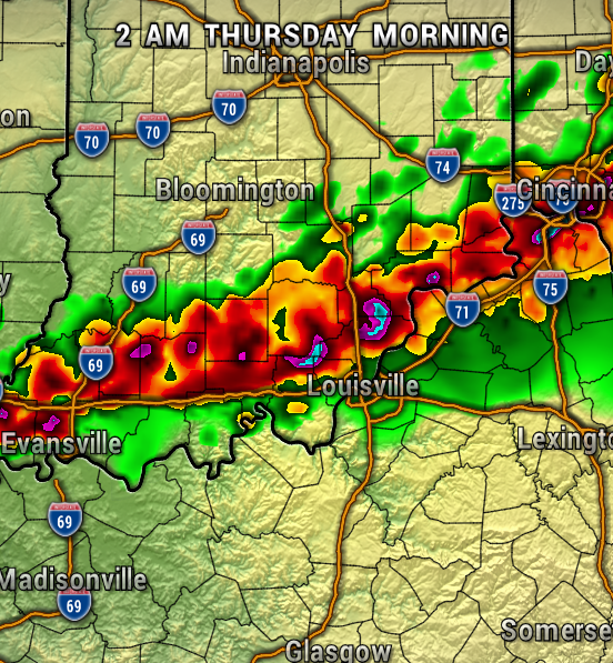 Weather radar map showing a line of strong thunderstorms across southern Indiana into Kentucky, with red and purple indicating heavy rain and possible hail near Evansville, Louisville, and Cincinnati; green areas show lighter rain.