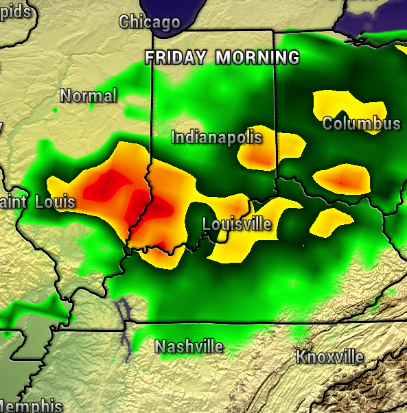 Radar image showing Friday morning storms over the Midwest: heavy red and orange near St. Louis, Louisville, and Indianapolis with green/yellow rain bands; Nashville to the south.